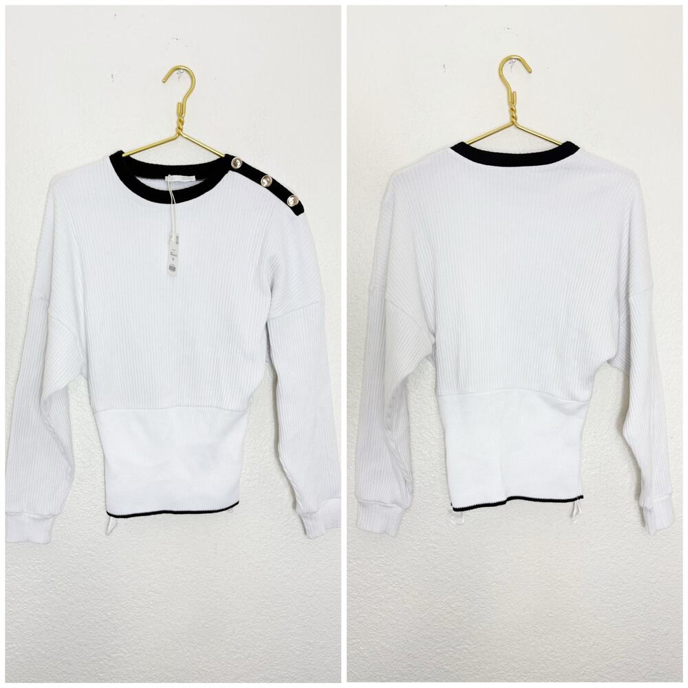 NWT Zara White Ribbed Button Shoulder Sweatee Top Size Medium Cinched Waist